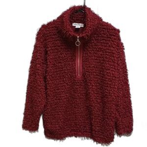 SKYE'S THE LIMIT Womens M Red Cranberry Shaggy Teddy Zip Pullover Sweater Top